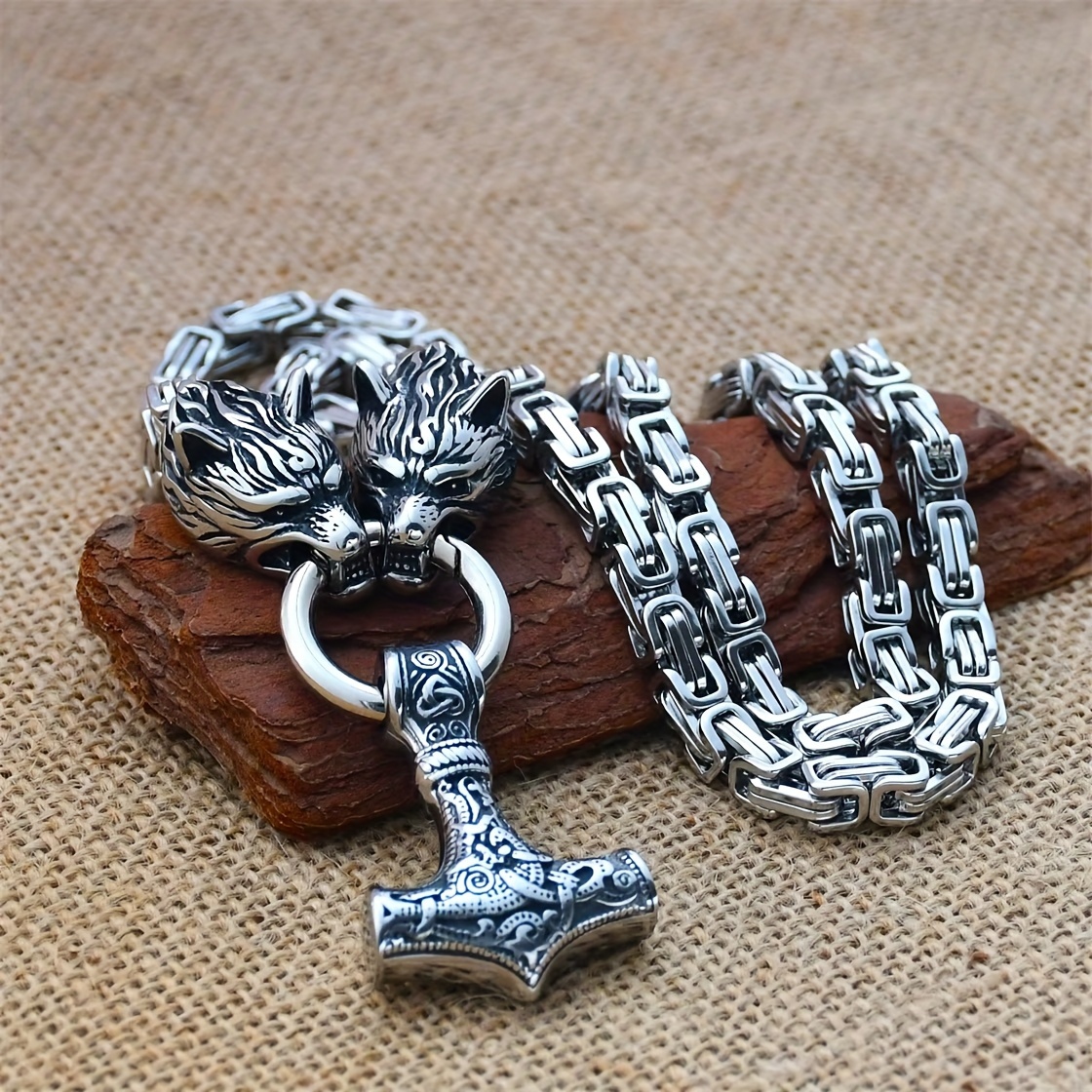 Men's Viking Wolf Head Hammer Pendant Necklace Punk Style Animal Theme